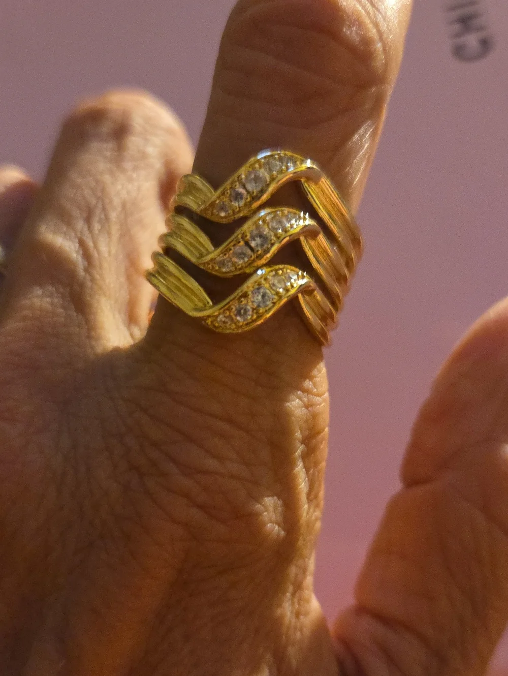Elegant Gold Plated Wave Stack Ring with Clear Cz. Stones - Women Jewelry